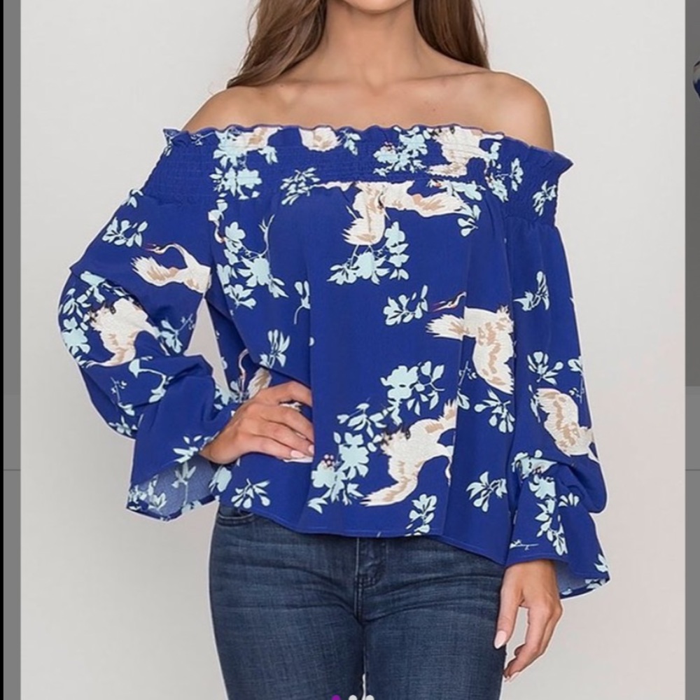 Blue & White Floral Bell-Sleeve Off Shoulder Top